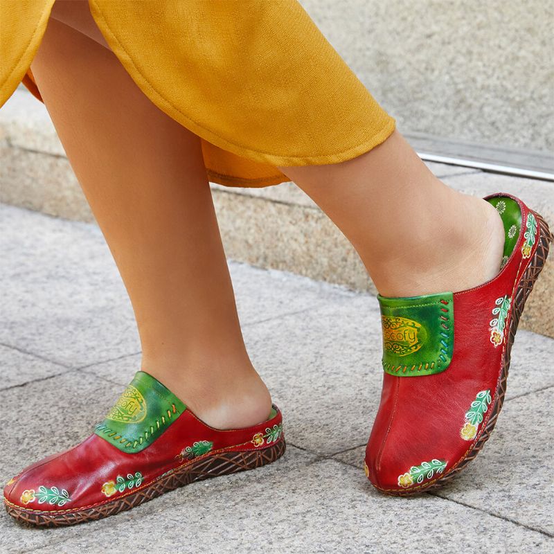 Echtes Leder Handgefertigt Retro-ethno-blumen-slip-on Bequeme Geschlossene Zehenhausschuhe