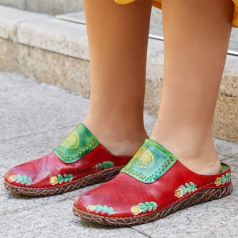 Echtes Leder Handgefertigt Retro-ethno-blumen-slip-on Bequeme Geschlossene Zehenhausschuhe