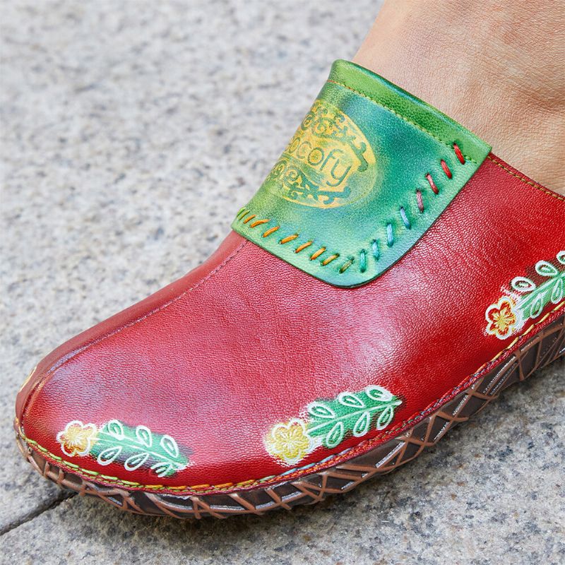 Echtes Leder Handgefertigt Retro-ethno-blumen-slip-on Bequeme Geschlossene Zehenhausschuhe