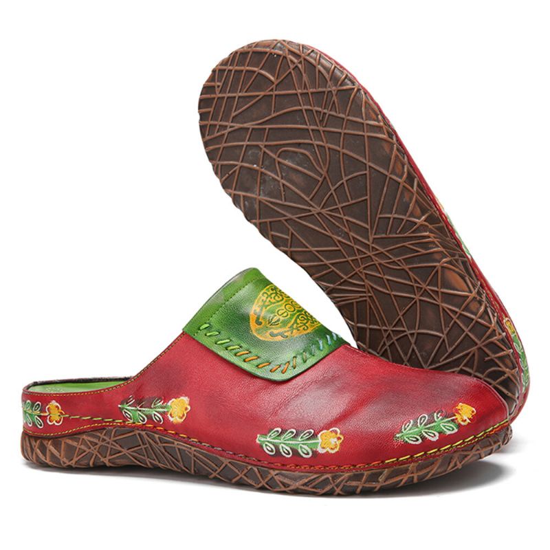 Echtes Leder Handgefertigt Retro-ethno-blumen-slip-on Bequeme Geschlossene Zehenhausschuhe