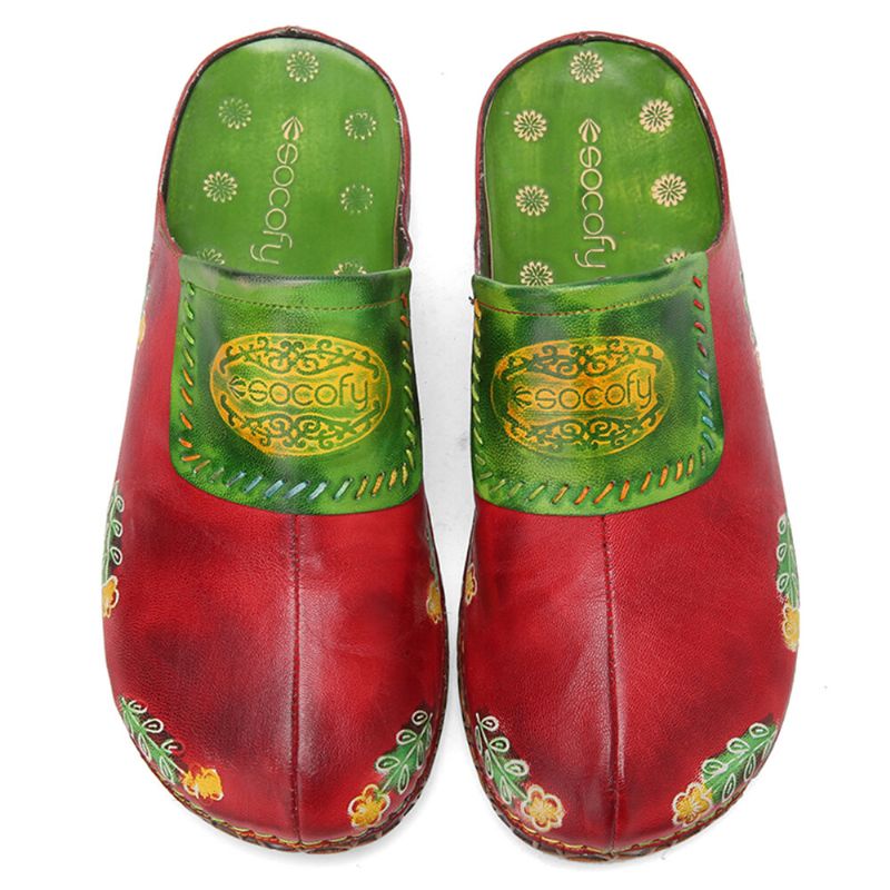 Echtes Leder Handgefertigt Retro-ethno-blumen-slip-on Bequeme Geschlossene Zehenhausschuhe