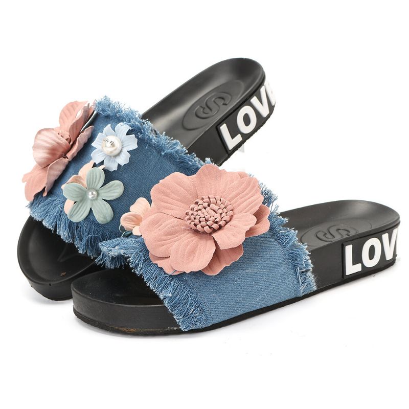 Frauen-beiläufige Strand-blumen-denim-stoffhausschuhe