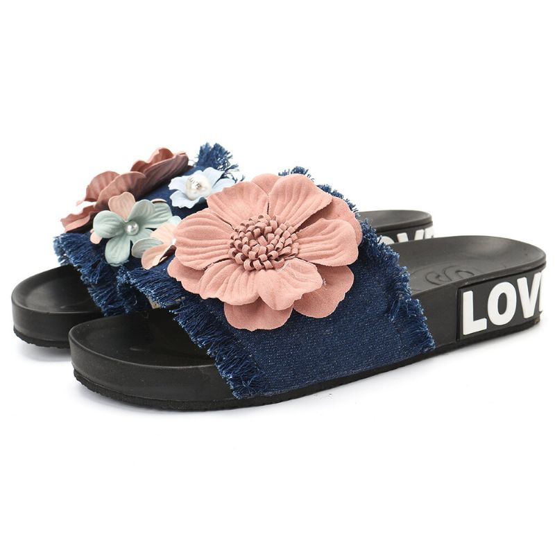 Frauen-beiläufige Strand-blumen-denim-stoffhausschuhe