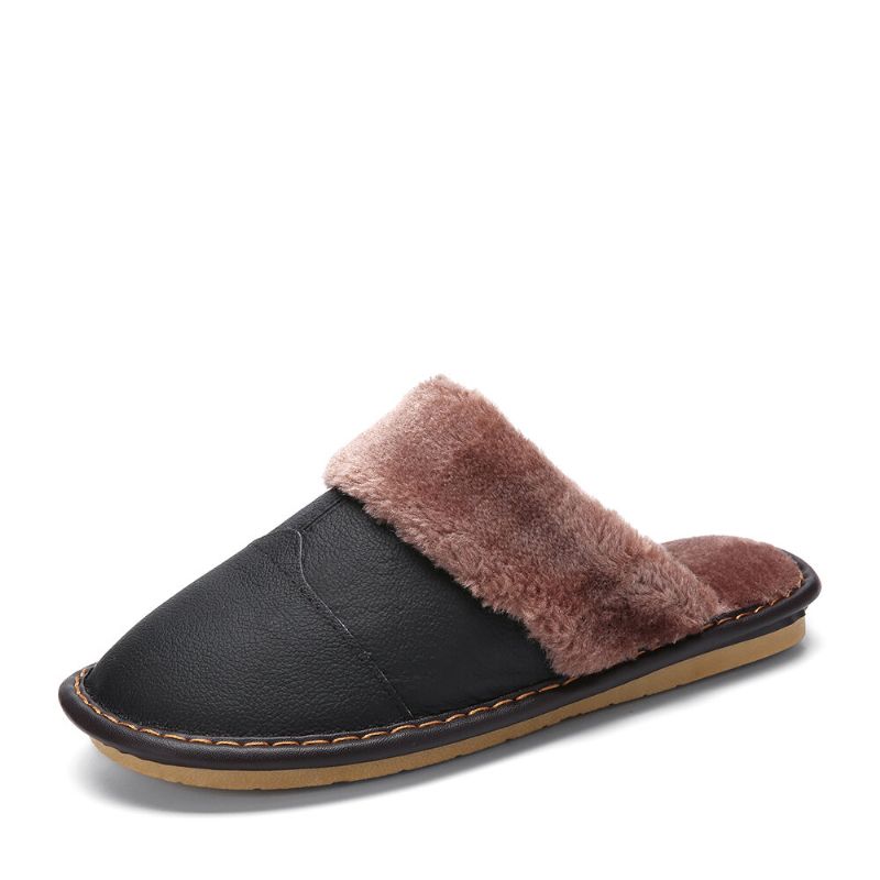 Herren First Layer Rindsleder Rutschfest Warmeh Round Toe Slip-on Bequeme Baumwollhausschuhe