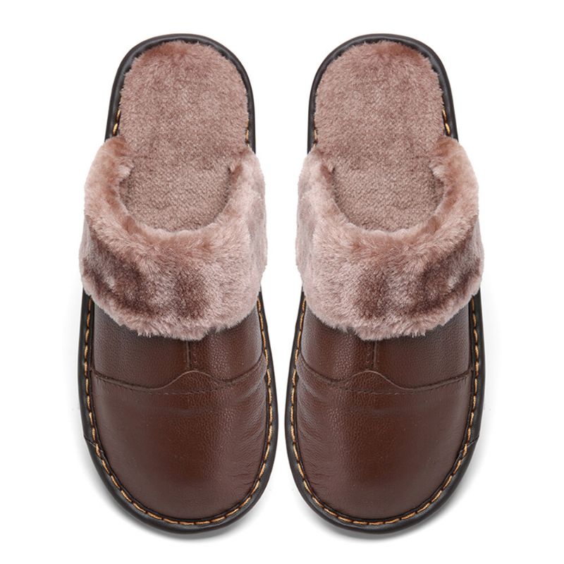 Herren First Layer Rindsleder Rutschfest Warmeh Round Toe Slip-on Bequeme Baumwollhausschuhe