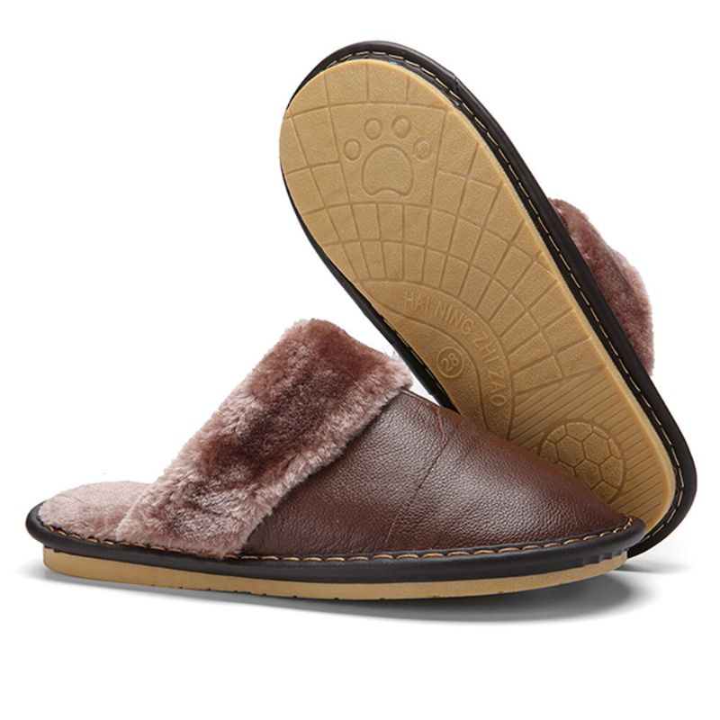 Herren First Layer Rindsleder Rutschfest Warmeh Round Toe Slip-on Bequeme Baumwollhausschuhe