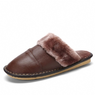 Herren First Layer Rindsleder Rutschfest Warmeh Round Toe Slip-on Bequeme Baumwollhausschuhe