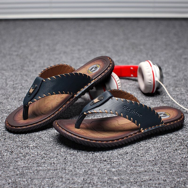 Herren-leder-flip-flops Flache Hausschuhe Lässige Outdoor-strandsandalen