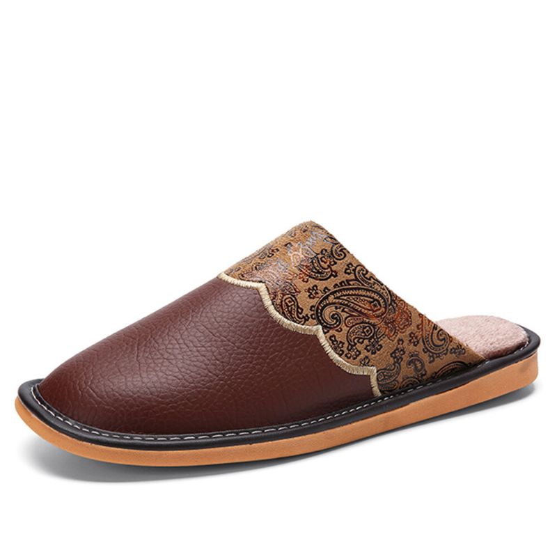 Herren Winter Pu-leder Runde Zehe Warme Easy Slip-on Home Baumwollhausschuhe