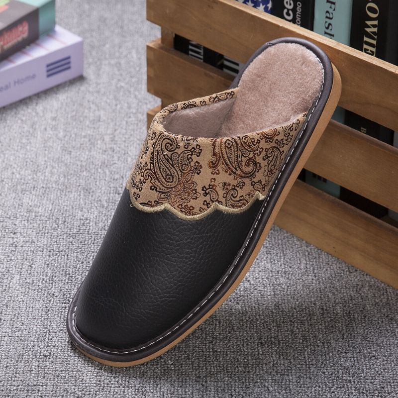 Herren Winter Pu-leder Runde Zehe Warme Easy Slip-on Home Baumwollhausschuhe