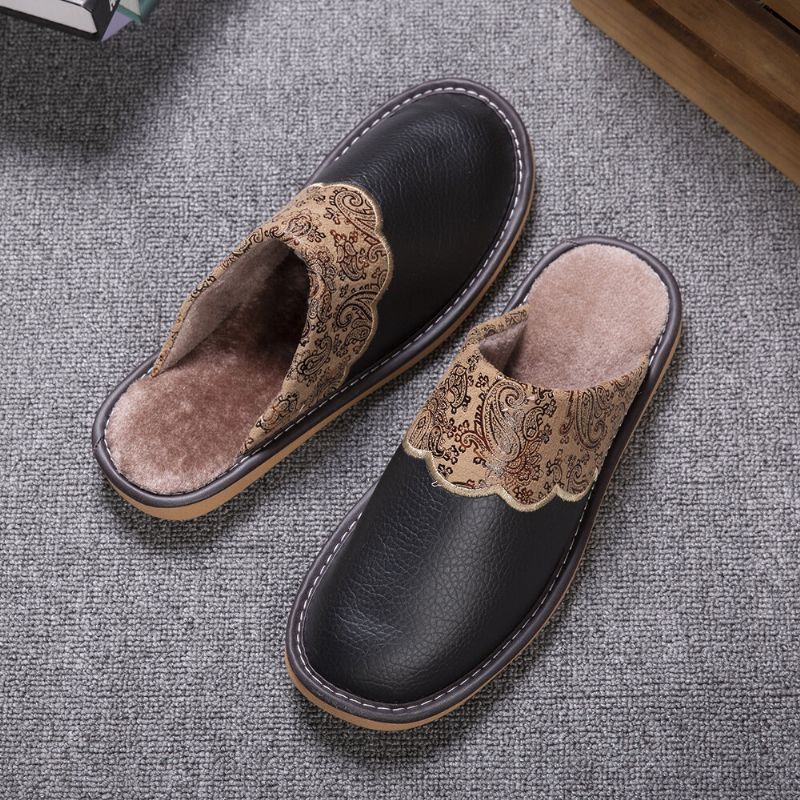 Herren Winter Pu-leder Runde Zehe Warme Easy Slip-on Home Baumwollhausschuhe