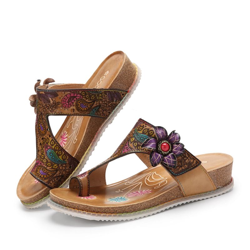 Leder Ethno Blumen Kork Innensohle Wedges Daumenhausschuhe