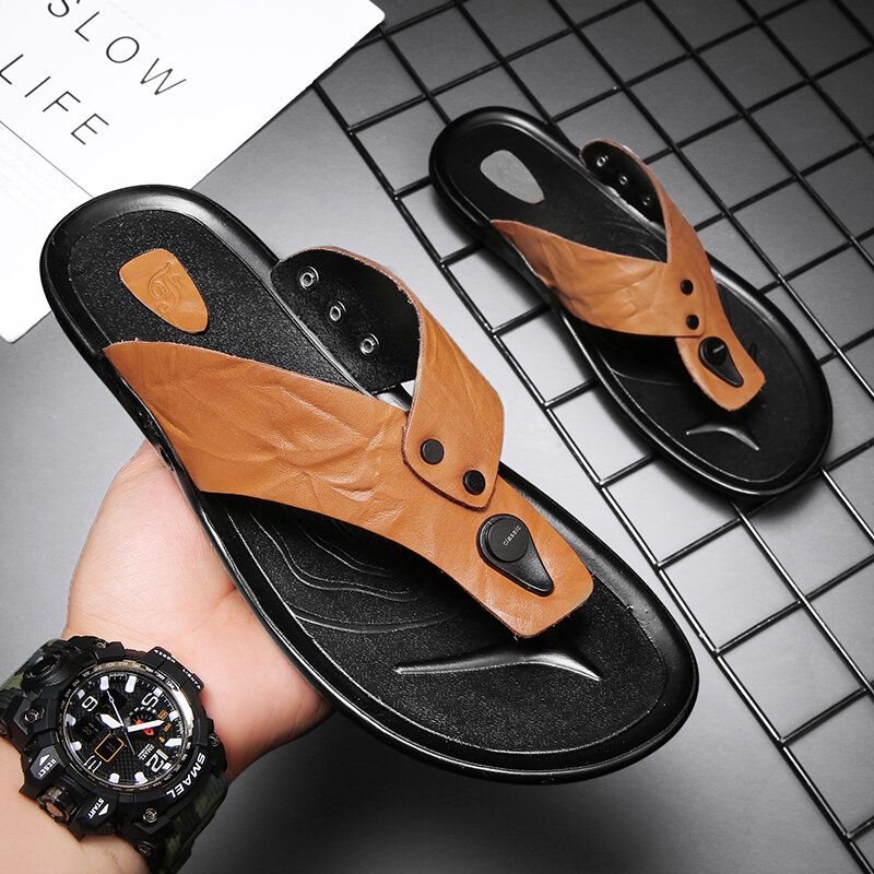 Männer Leder Atmungsaktive Weiche Sohle Rutschfeste Bequeme Outdoor Flip Flops Lässige Hausschuhe