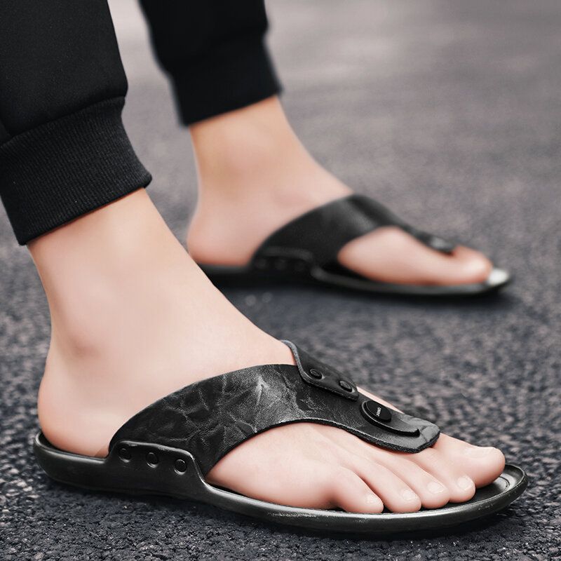 Männer Leder Atmungsaktive Weiche Sohle Rutschfeste Bequeme Outdoor Flip Flops Lässige Hausschuhe