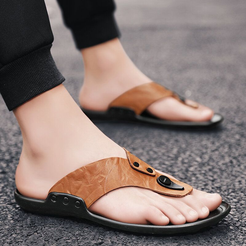 Männer Leder Atmungsaktive Weiche Sohle Rutschfeste Bequeme Outdoor Flip Flops Lässige Hausschuhe