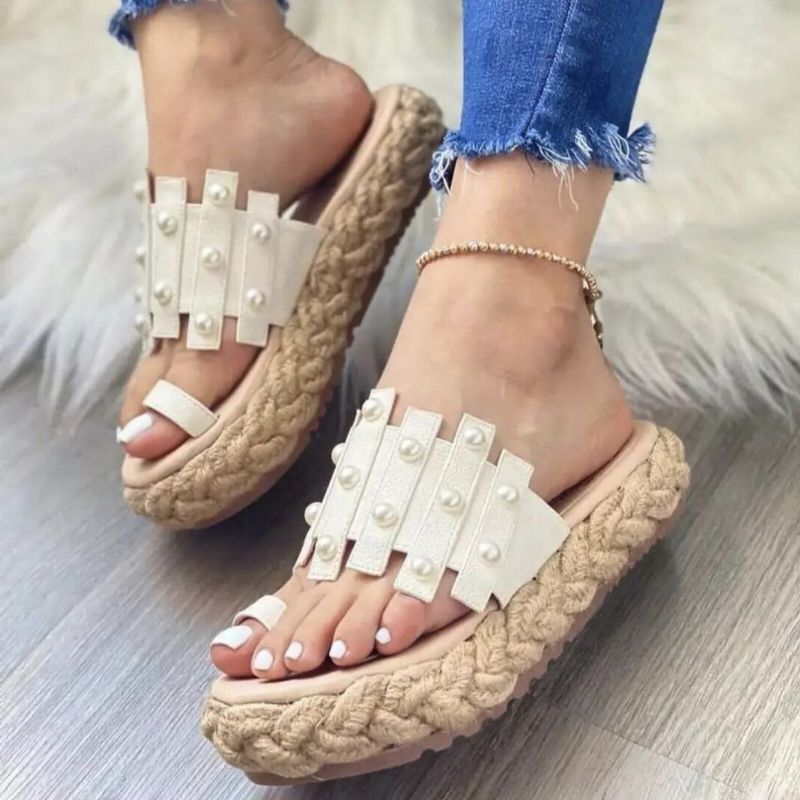 Plus Size Damen Casual Sommer Strand Urlaub Perlen Dekor Espadrilles Plattformen Daumen Hausschuhe