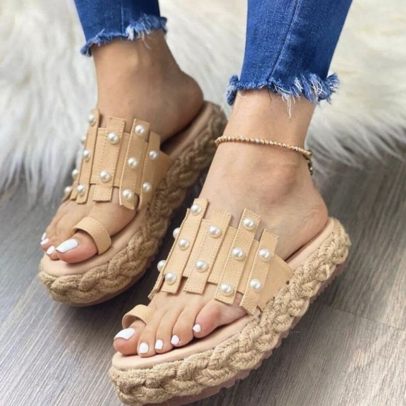 Plus Size Damen Casual Sommer Strand Urlaub Perlen Dekor Espadrilles Plattformen Daumen Hausschuhe