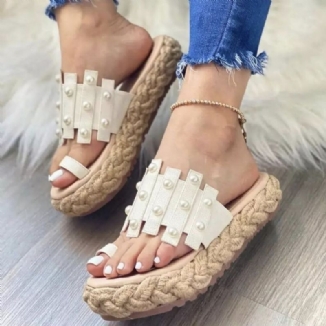 Plus Size Damen Casual Sommer Strand Urlaub Perlen Dekor Espadrilles Plattformen Daumen Hausschuhe