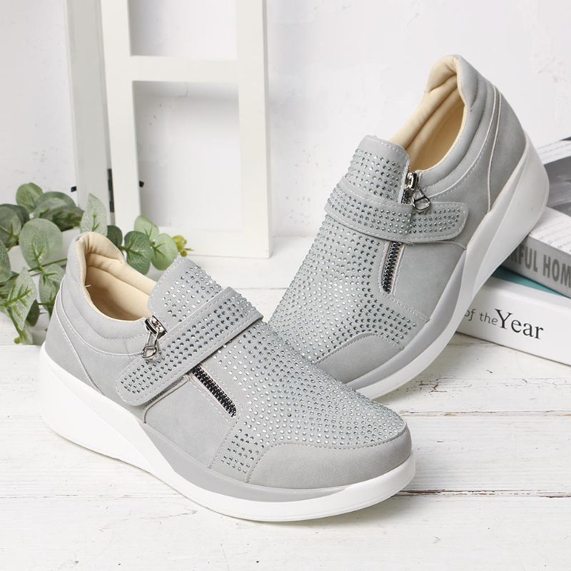 Damen Mesh Hook Loop Zipper Wedges Casual Sneakers