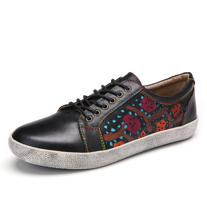 Flache Retro-lederschnürsneaker Mit Ziernähten Und Blumenausschnitten