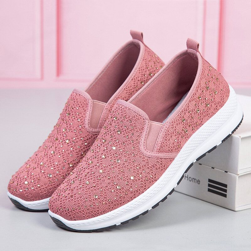 Frauen Casual Strass Atmungsaktiv Gestrickt Weiche Flache Wanderschuhe