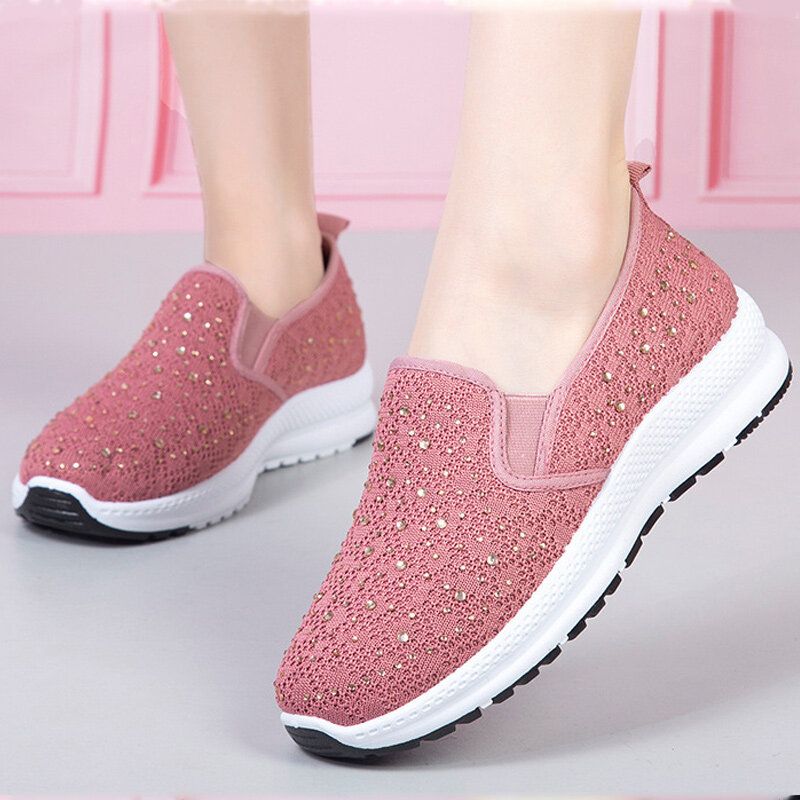 Frauen Casual Strass Atmungsaktiv Gestrickt Weiche Flache Wanderschuhe