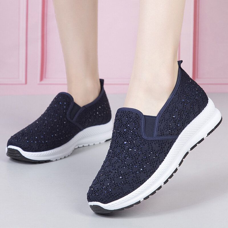 Frauen Casual Strass Atmungsaktiv Gestrickt Weiche Flache Wanderschuhe