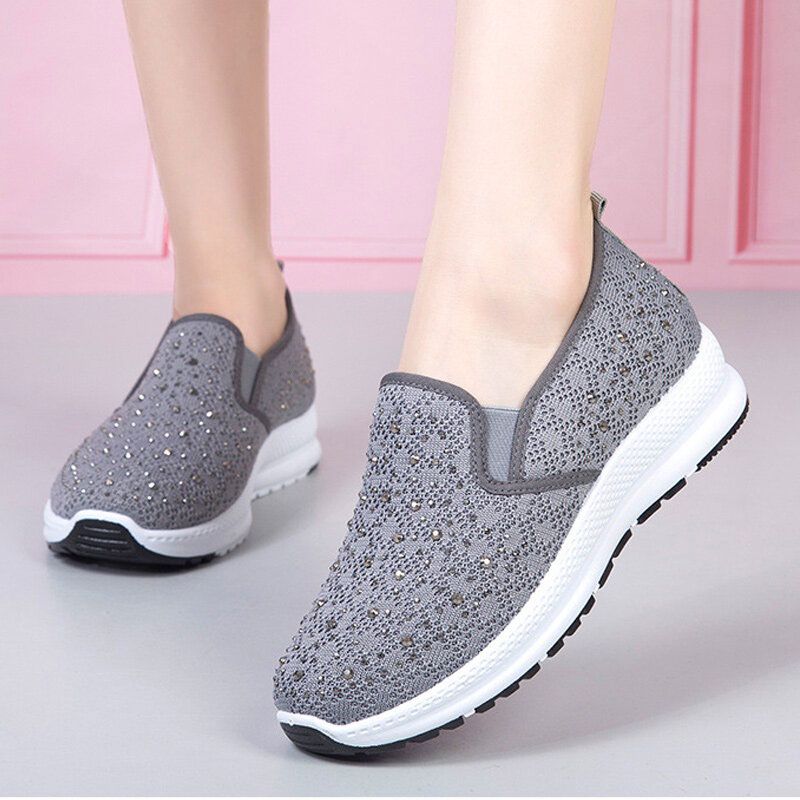 Frauen Casual Strass Atmungsaktiv Gestrickt Weiche Flache Wanderschuhe