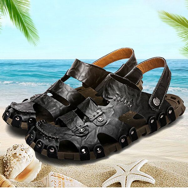 Männer Leder Atmungsaktiv Weiche Sohle Rutschfest Geschlossene Zehen Strand Lässige Outdoor-sandalen