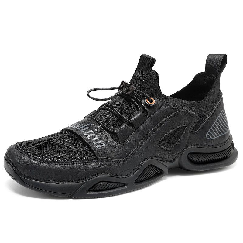 Männer Leder Atmungsaktives Mesh Bequemer Stoff Weicher Boden Elastisches Band Lässige Sportschuhe