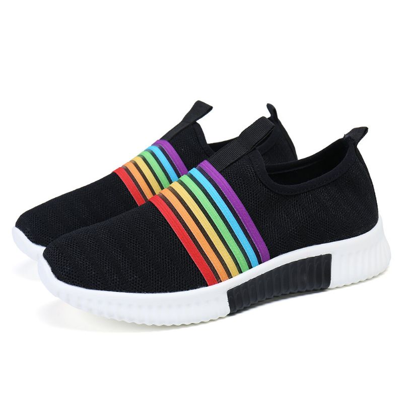 Plus Size Damen Rainbow Stripe Gestrickte Atmungsaktive Lässige Wanderschuhe