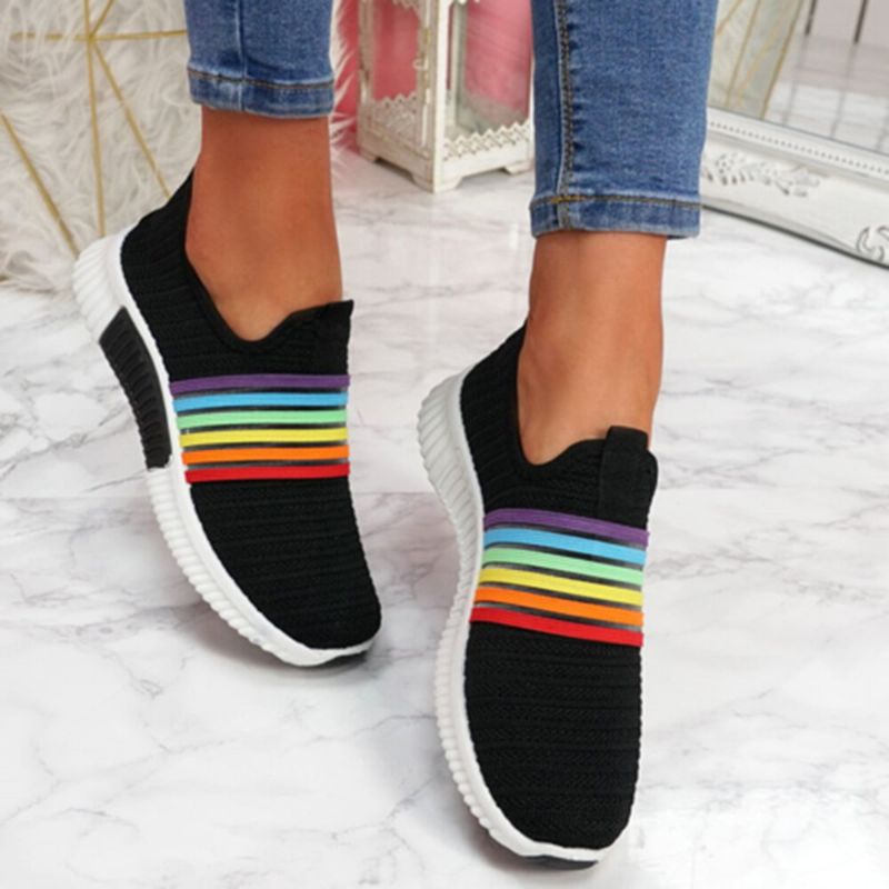 Plus Size Damen Rainbow Stripe Gestrickte Atmungsaktive Lässige Wanderschuhe