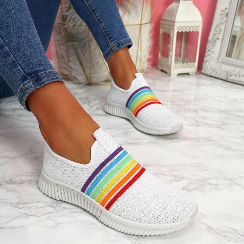 Plus Size Damen Rainbow Stripe Gestrickte Atmungsaktive Lässige Wanderschuhe