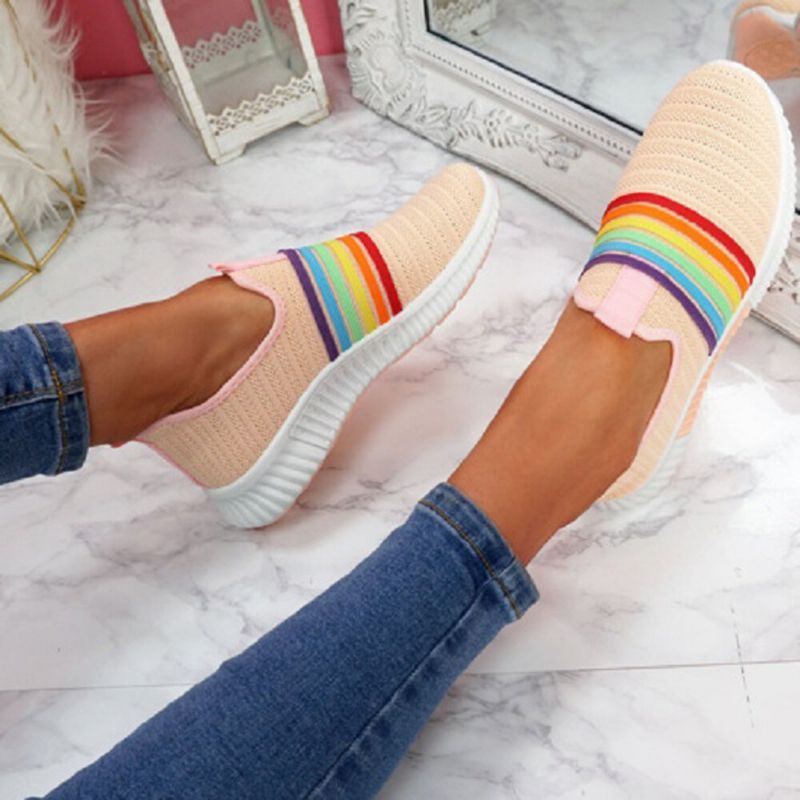 Plus Size Damen Rainbow Stripe Gestrickte Atmungsaktive Lässige Wanderschuhe