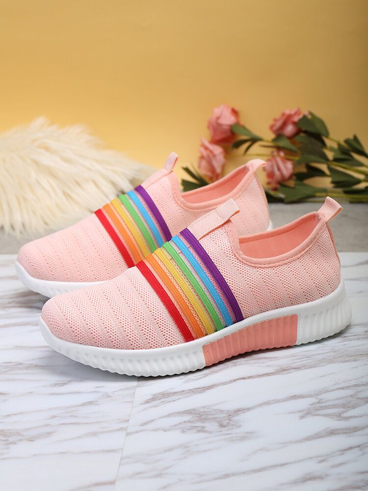 Plus Size Damen Rainbow Stripe Gestrickte Atmungsaktive Lässige Wanderschuhe