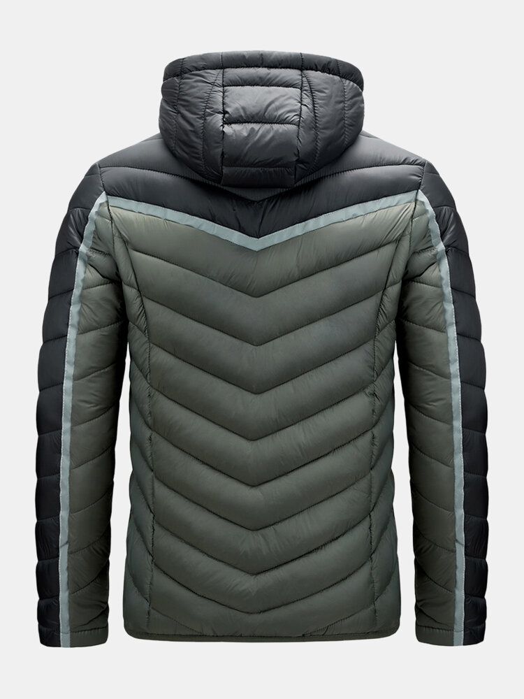 Herren-daunenjacke Mit Kontrastfarbenem Patchwork Warmer Reißverschlusstasche Und Kapuze