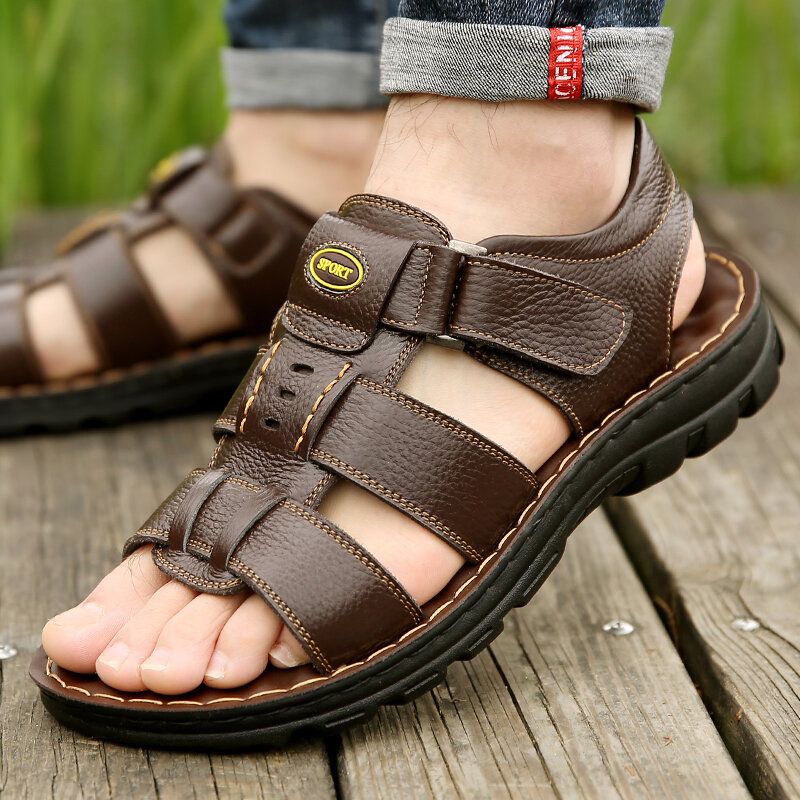 Atmungsaktive Herren-rindsleder-sandalen Mit Weichem Boden Und Rutschfester Hakenschlaufe. Lässige Strandsandalen