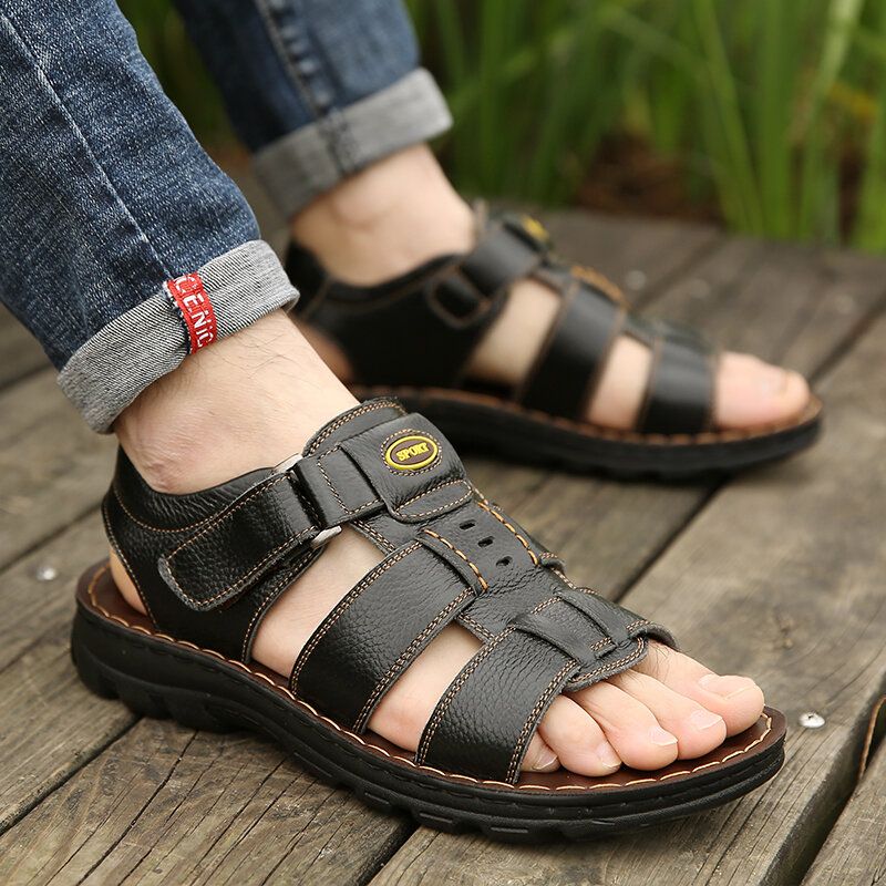 Atmungsaktive Herren-rindsleder-sandalen Mit Weichem Boden Und Rutschfester Hakenschlaufe. Lässige Strandsandalen