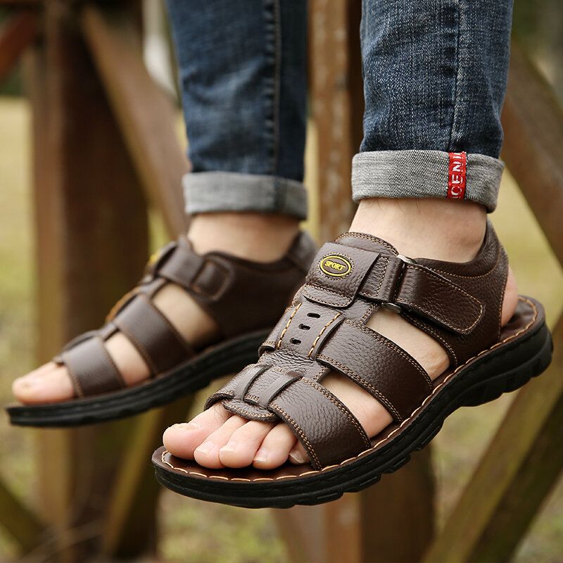 Atmungsaktive Herren-rindsleder-sandalen Mit Weichem Boden Und Rutschfester Hakenschlaufe. Lässige Strandsandalen