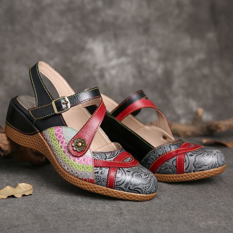 Bemalte Retro-leder-slingback-pantoletten Mit Blumenmuster Und Keilabsatz