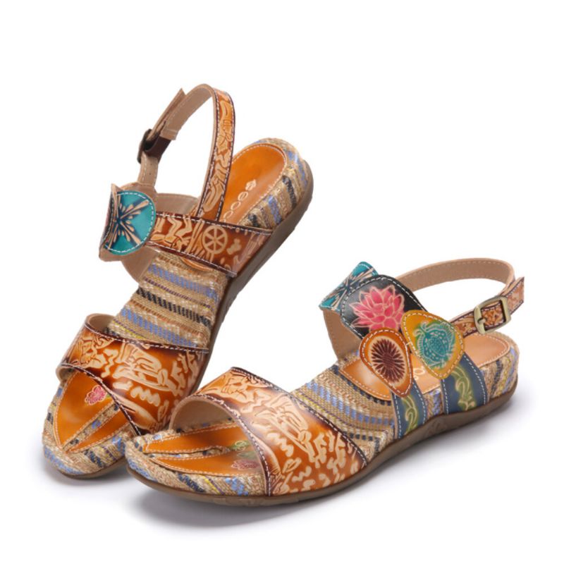 Bequeme Flachstreifen-sandalen Aus Leder Mit Retro-blumendruck