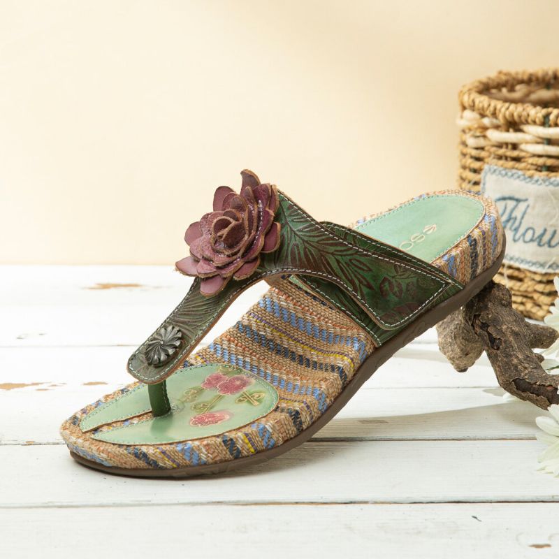 Bequeme Flachstreifen-zehensandalen Aus Leder Mit Retro-blumendruck