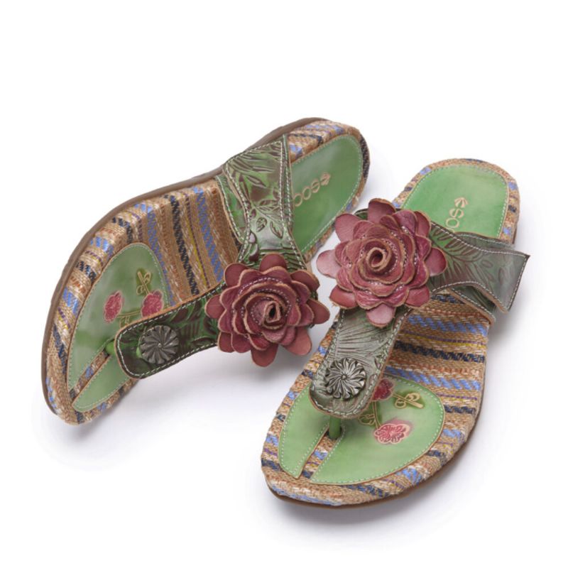 Bequeme Flachstreifen-zehensandalen Aus Leder Mit Retro-blumendruck