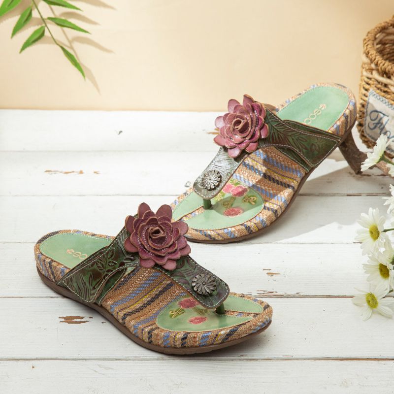 Bequeme Flachstreifen-zehensandalen Aus Leder Mit Retro-blumendruck