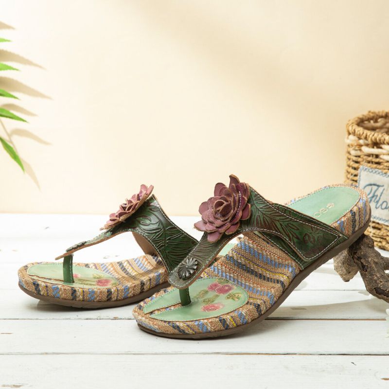 Bequeme Flachstreifen-zehensandalen Aus Leder Mit Retro-blumendruck