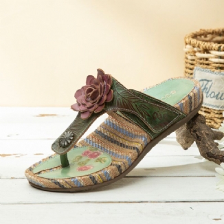 Bequeme Flachstreifen-zehensandalen Aus Leder Mit Retro-blumendruck