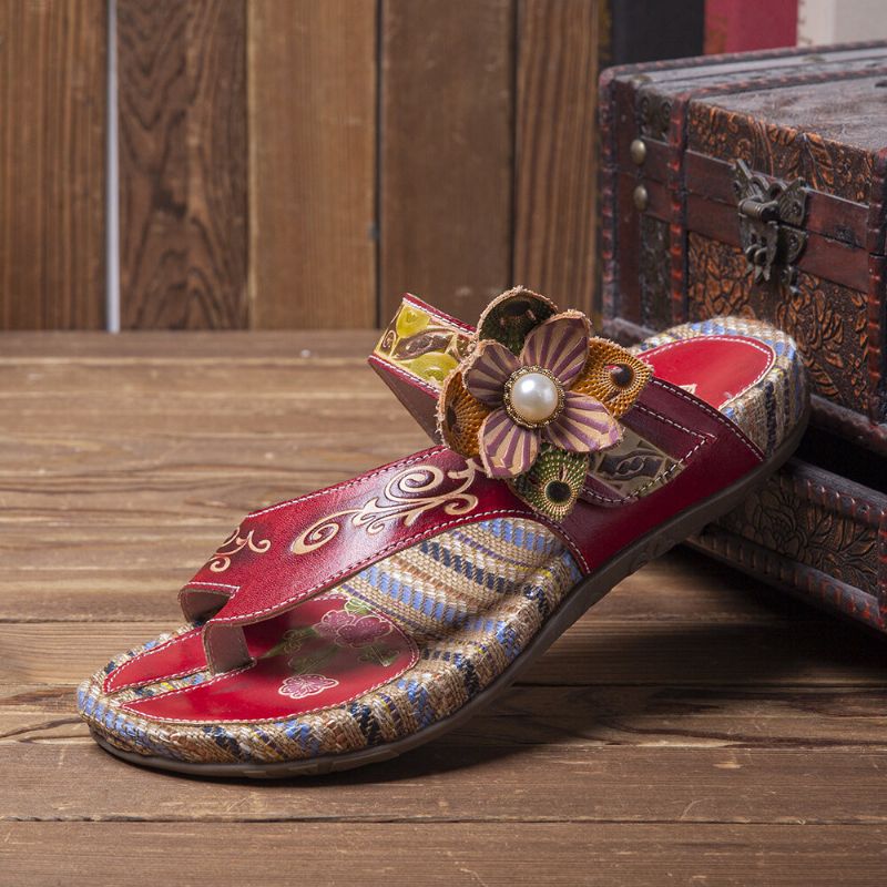 Bequeme Flachstreifen-zehensandalen Aus Leder Mit Retro-blumendruck