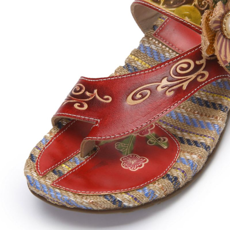 Bequeme Flachstreifen-zehensandalen Aus Leder Mit Retro-blumendruck