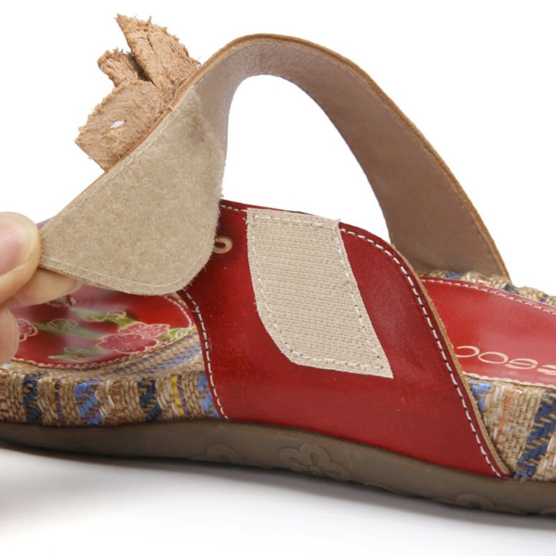 Bequeme Flachstreifen-zehensandalen Aus Leder Mit Retro-blumendruck