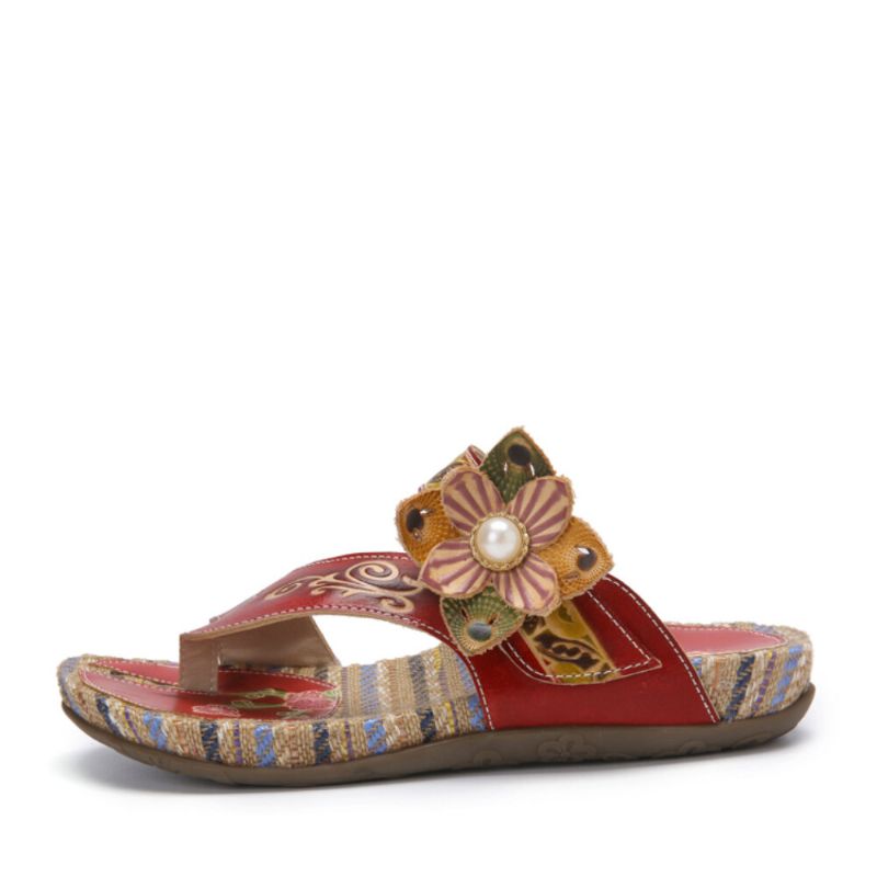 Bequeme Flachstreifen-zehensandalen Aus Leder Mit Retro-blumendruck